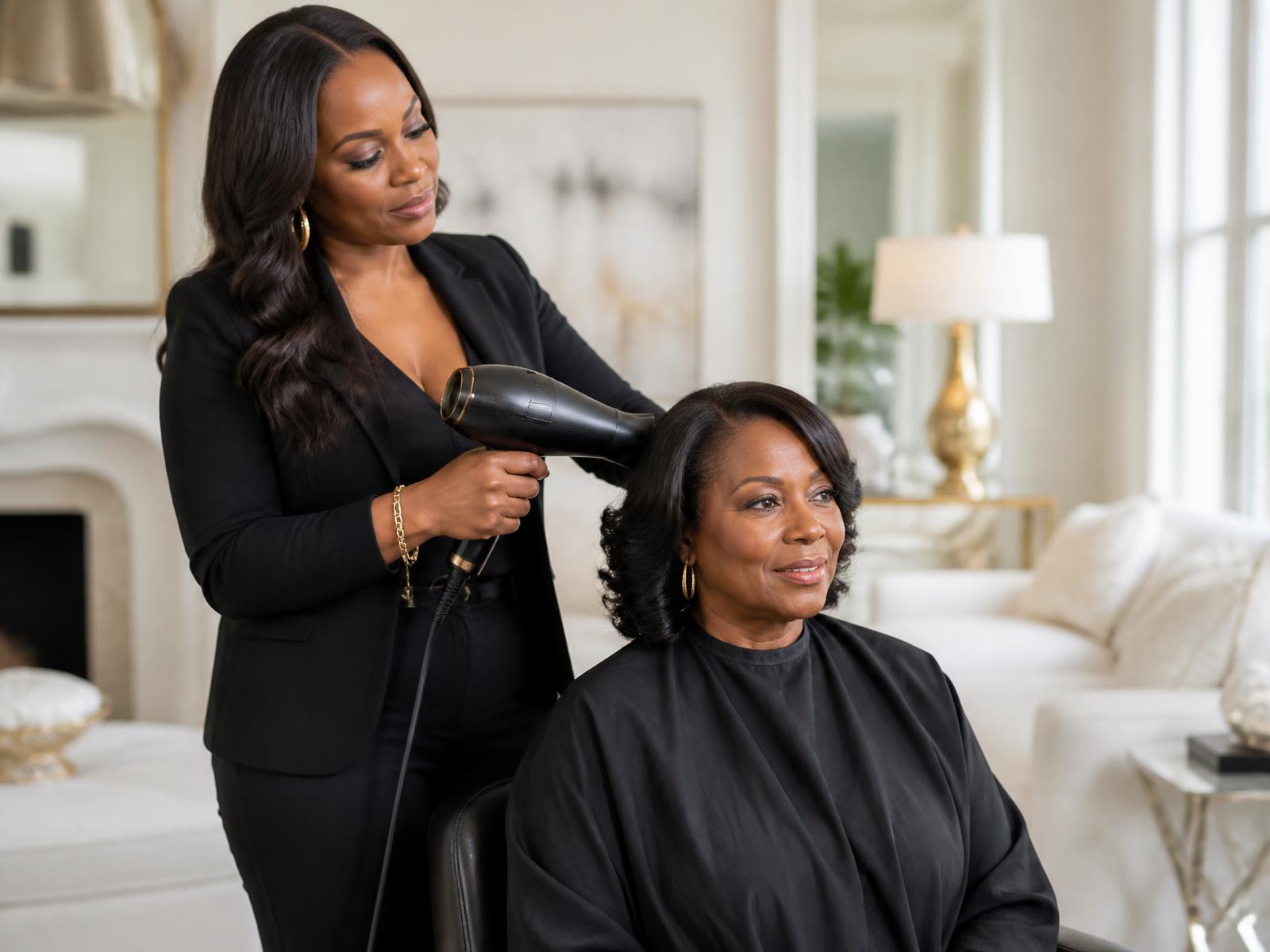 Nikita of Hair of Hope styling a client's hair in her home in Prince George's County